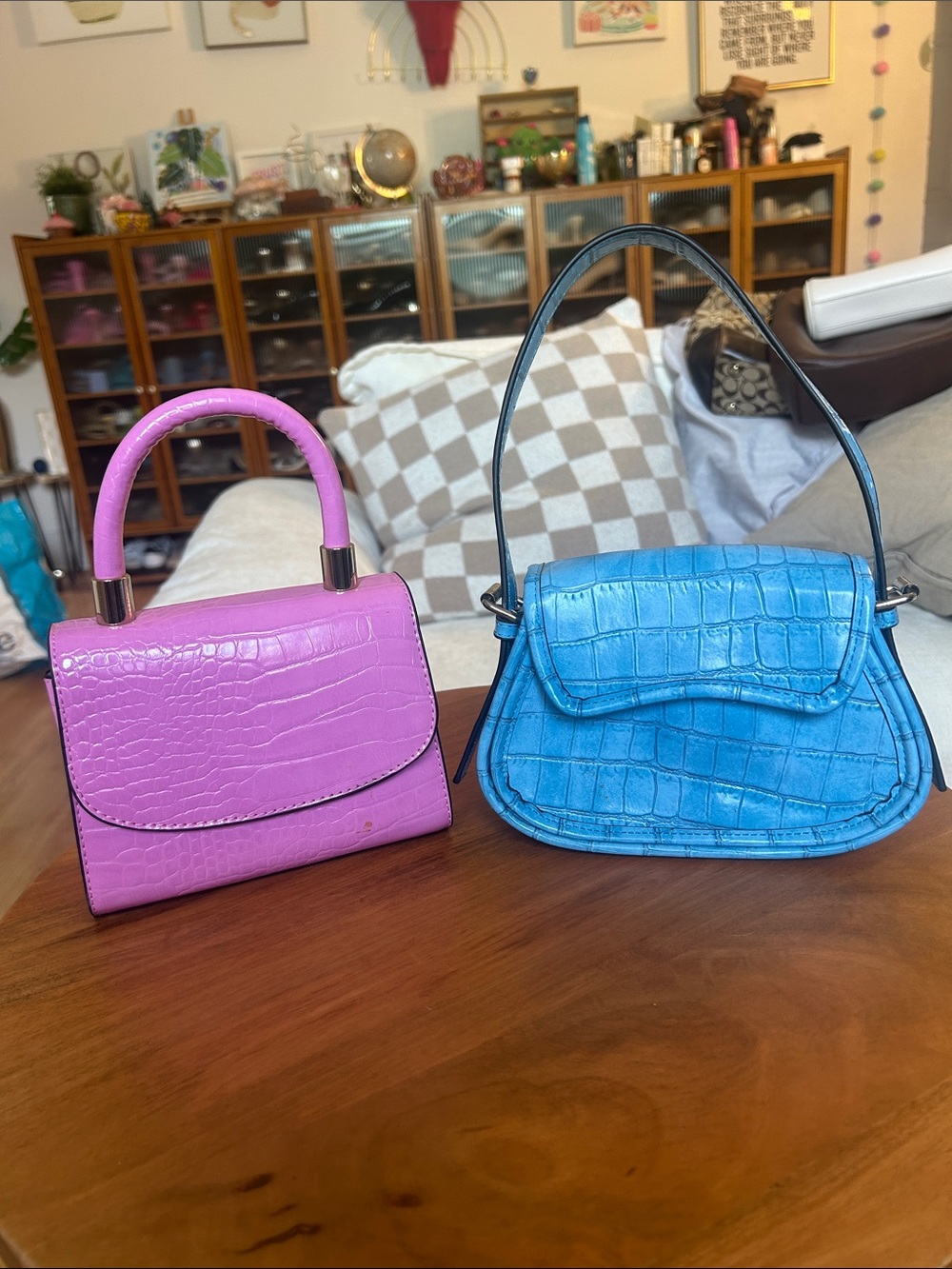 Croc-Embossed Top Handle Bag Bundle - Blue and Pink